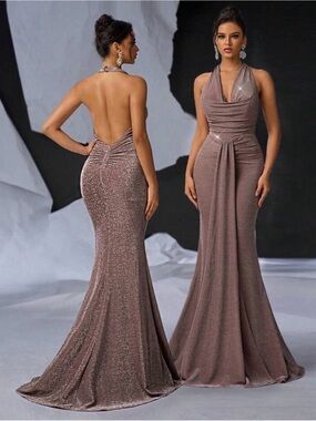 Sparkling Halter Evening Gown in Champagne